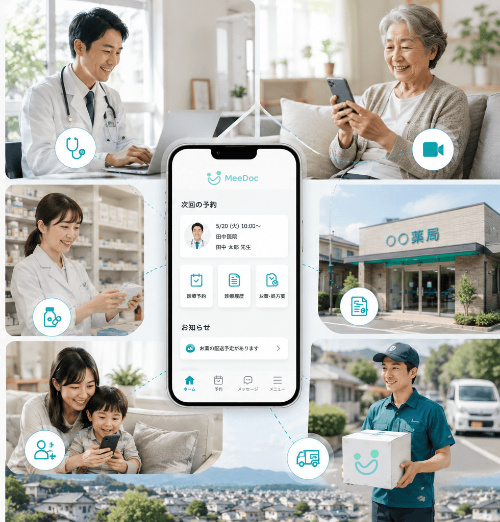 MeeDocが医師・患者・薬局・お薬の配送をつなぐイメージ